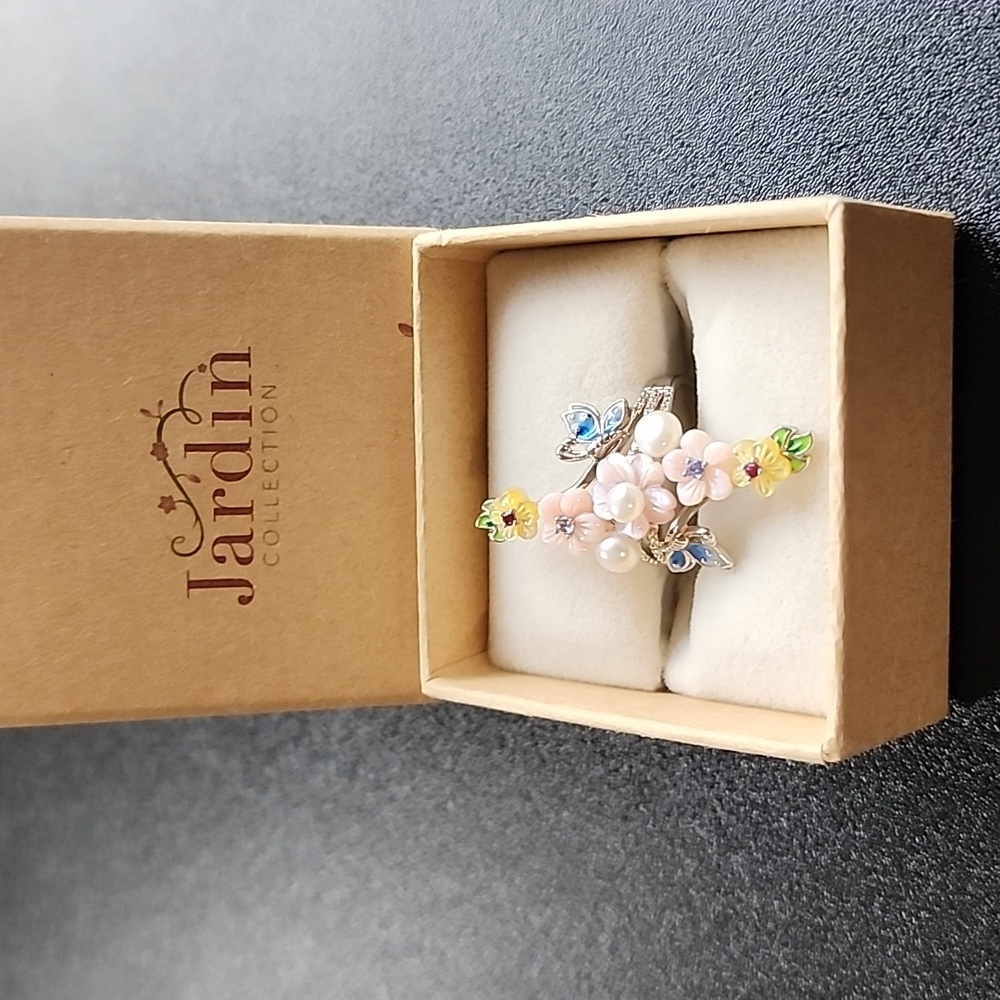 Mother of Pearl and Multi Gemstone Enameled Floral Ring